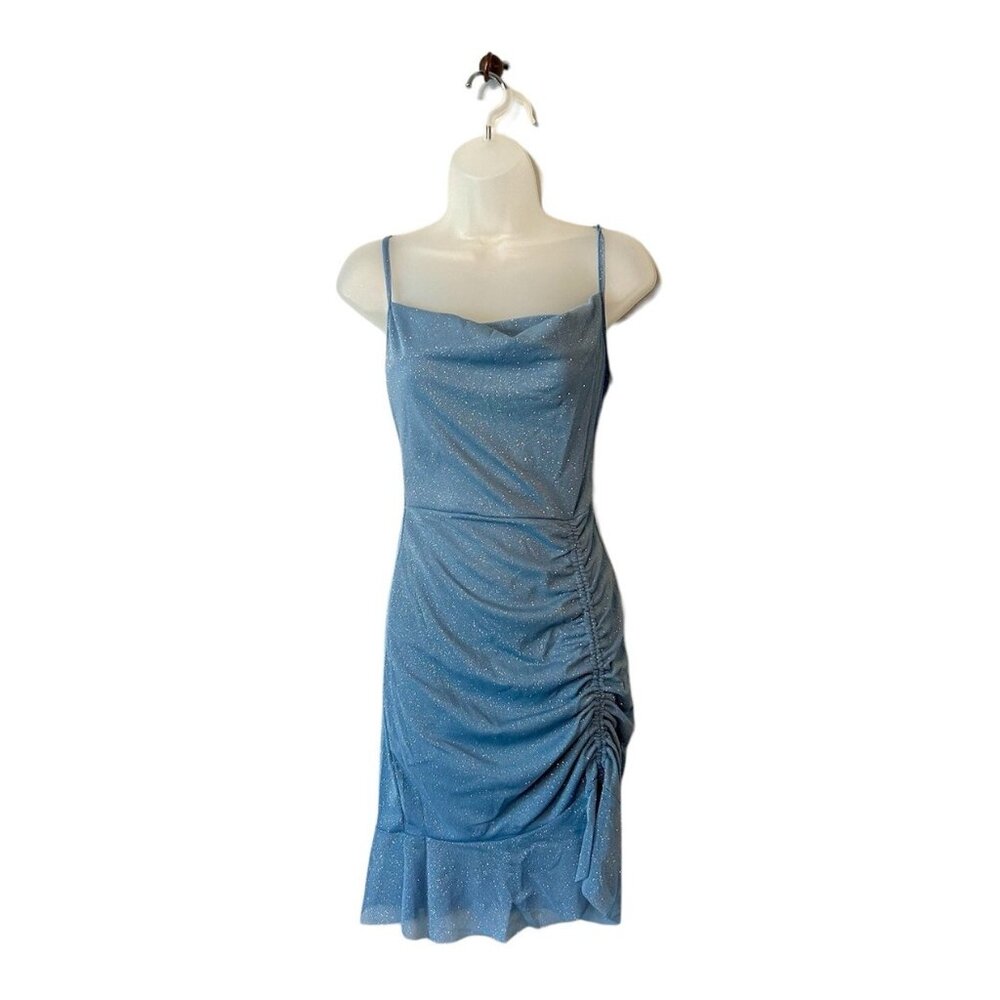 Mini Dress Light Blue Shimmer Sparkle Side Cinch Cowl Neck Spaghetti Strap SMALL
